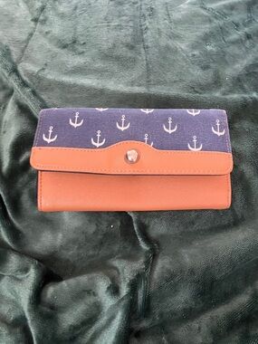 Navy Anchor Print and Brown Faux Leather Wallet